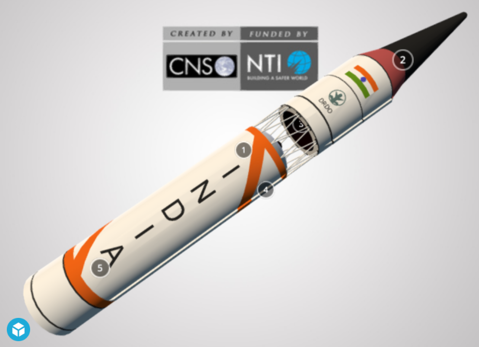 Screenshot of a 3D model of a India missile (Agni-3)