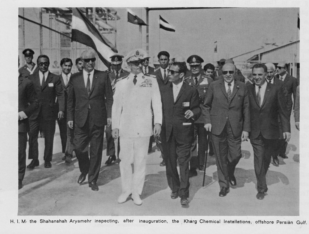 Shah of Iran, His Imperial Majesty Mohammad Reza Shah Pahlavi inaugurating the Kharg Chemical Installations, offshore Persian Golf, 1967. (src. Wikimedia Commons)