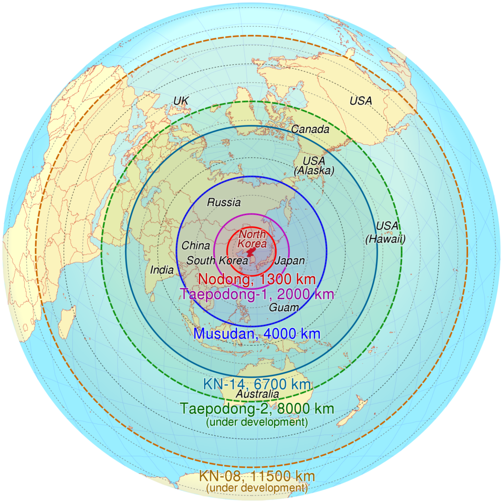 Azimuthal equidistant projection of estimated maximum range of some North Korean missiles (Src. TUBS, Wikimedia Commons)