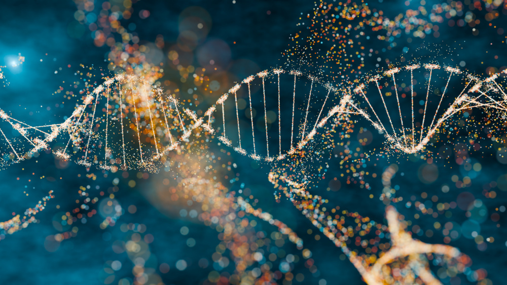 3D illustration of a DNA molecule with sparkling effects symbolizing complexity and genetic diversity. Futuristic concept of genomics, precision medicine, and computational life sciences.